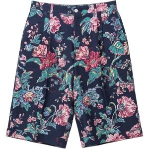Corbin Ltd Floral Pleated Shorts Womens Medium Navy Blue Vintage Chintz Style